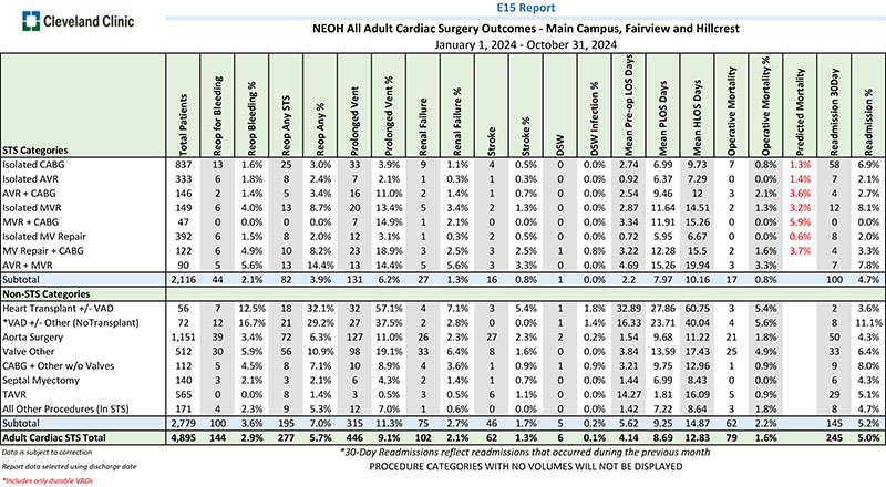 NEOH All Adult Cardiac Surgery Outcomes - Main Campus, Fairview and Hillcrest, January 1, 2024 - October 31, 2024