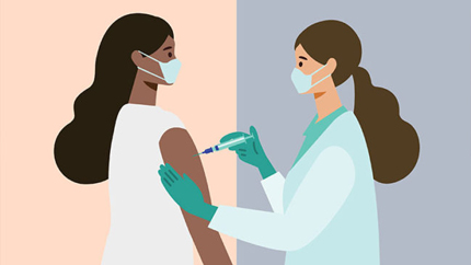 illustration of female health care worker administering COVID-19 vaccine to female patient
