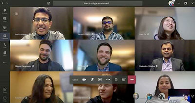 Nine panel video view in Microsoft Teams.