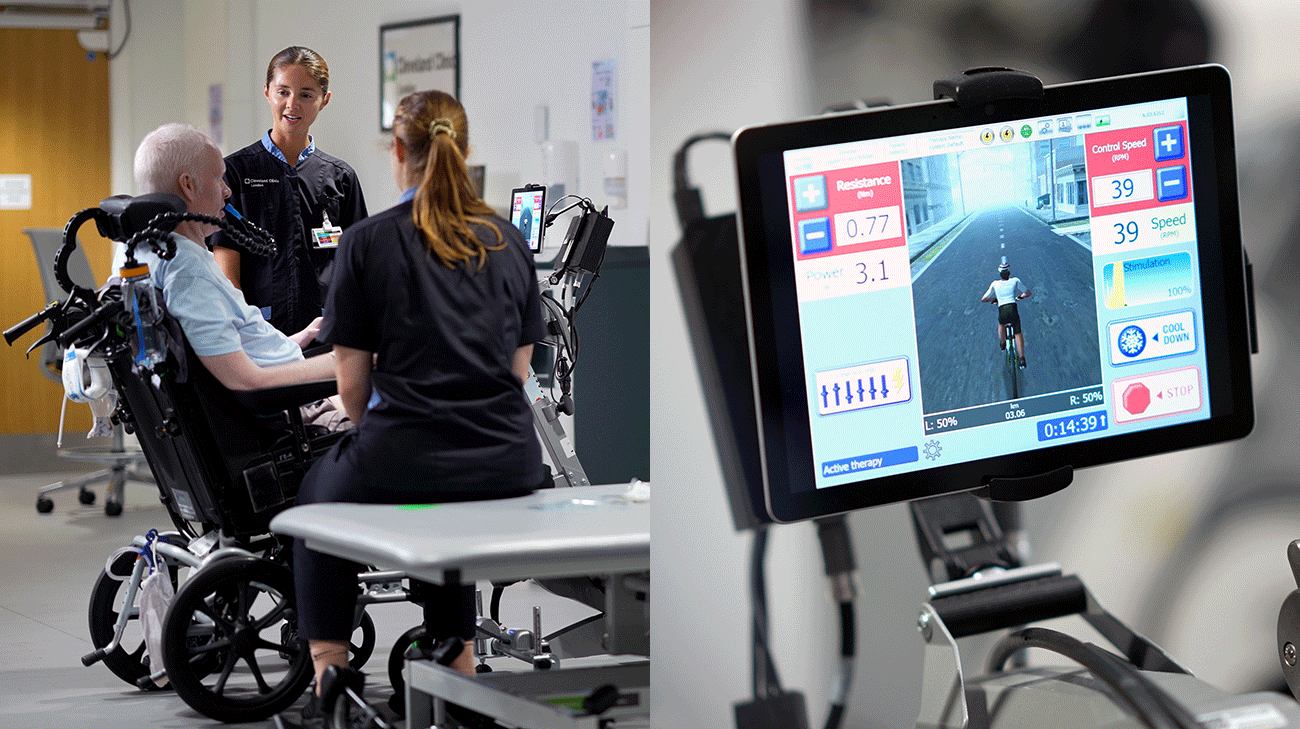 David Smith using a rehabilitation exercise bike while Cleveland Clinic London therapists monitor progress in a rehab clinic.
