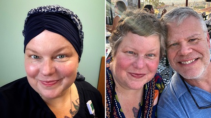 Stacey during treatment and Stacey with husband