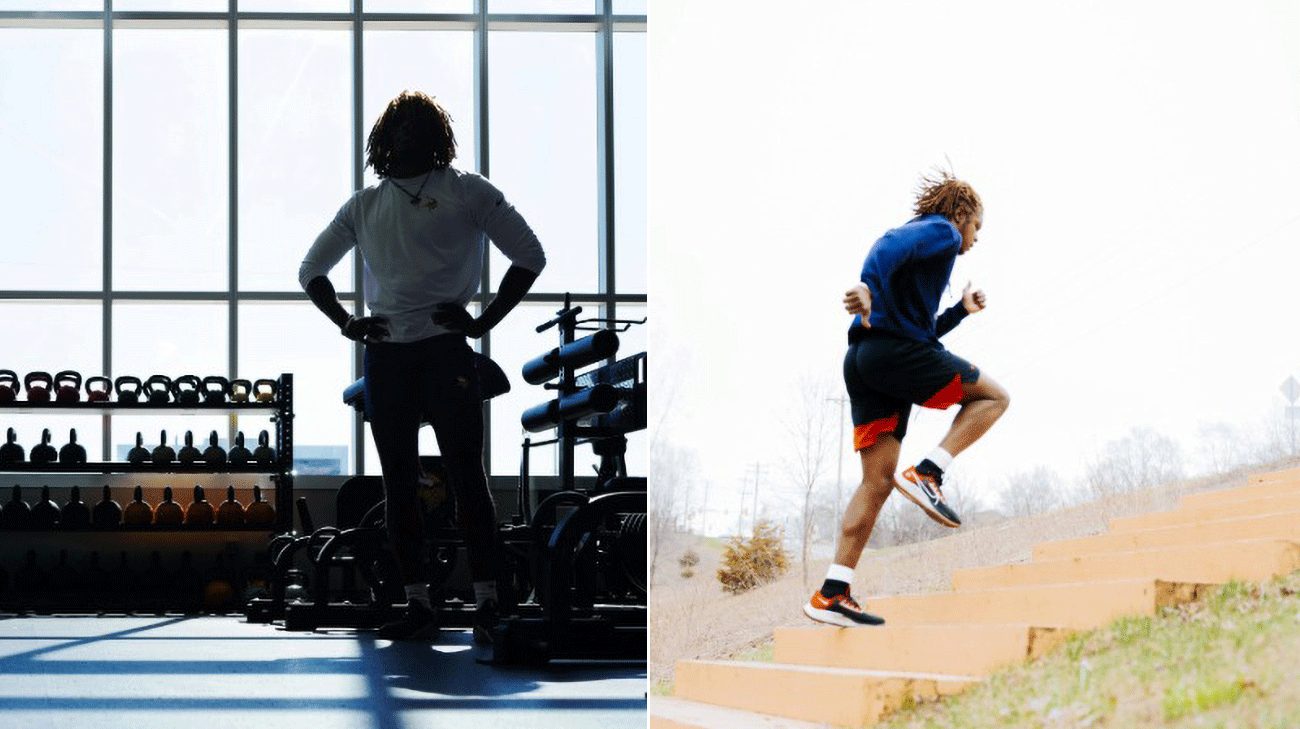 Lewis Cine trains in a fitness facility (left) and performs outdoor stair-running drills during rehabilitation after a serious leg injury (right).