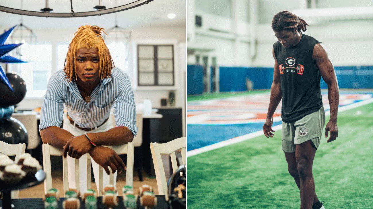 Lewis Cine leans on a chair indoors (left) and walks on a practice field while progressing through rehabilitation and conditioning (right).