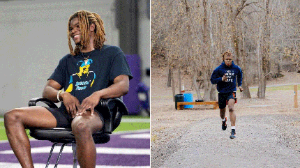 Lewis Cine sits in a training facility (left) and runs on a wooded trail while rebuilding strength and endurance during recovery (right).