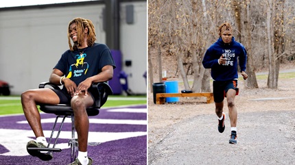 Lewis Cine sits in a training facility (left) and runs on a wooded trail while rebuilding strength and endurance during recovery (right).