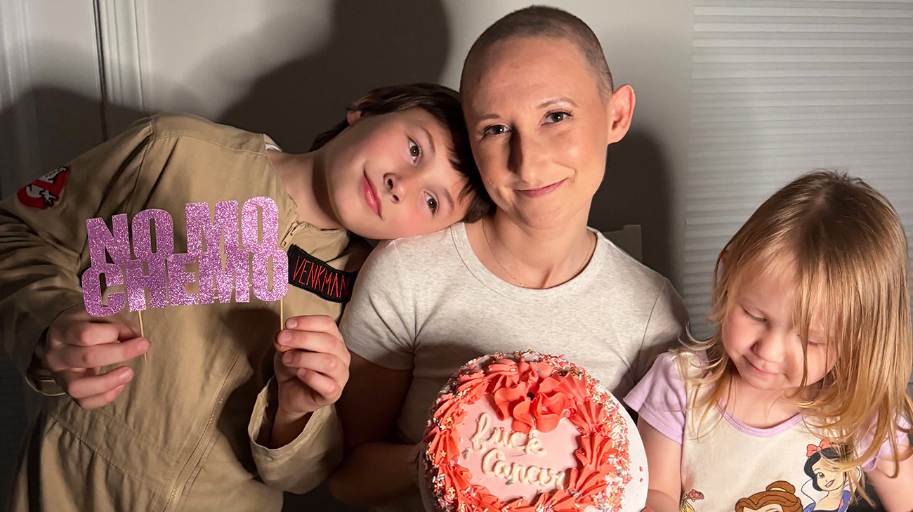 Kristie and her kids celebrating her last day of chemo for breast cancer.