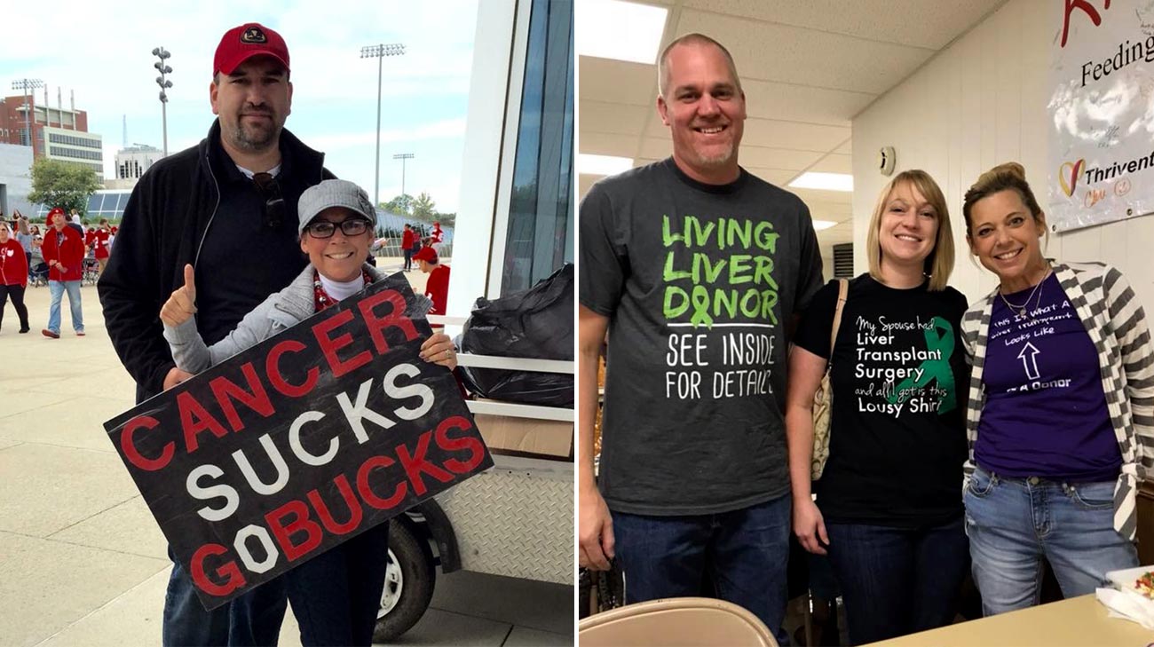 Left: Carole and her husband, Trent, at an Ohio State Buckeyes game right before she found out she needed a transplant. (Courtesy: Carole Motychak) Right: Jason, his wife, Stephanie, and Carole celebrating the gift of life. (Courtesy: Carole Motycha)