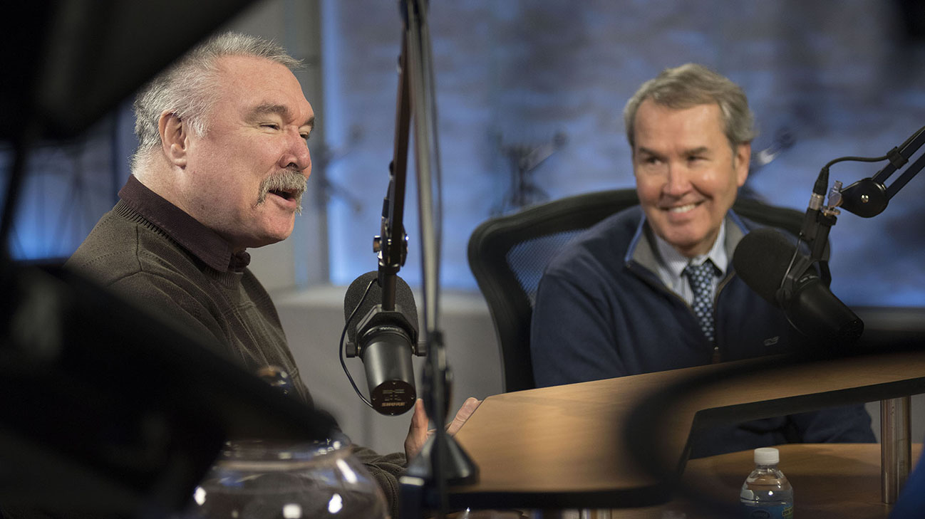 Gene Shimandle and Dr. Randall Starling on set during a recording for the Cleveland Clinic podcast “The Comeback.” (Courtesy: Cleveland Clinic)