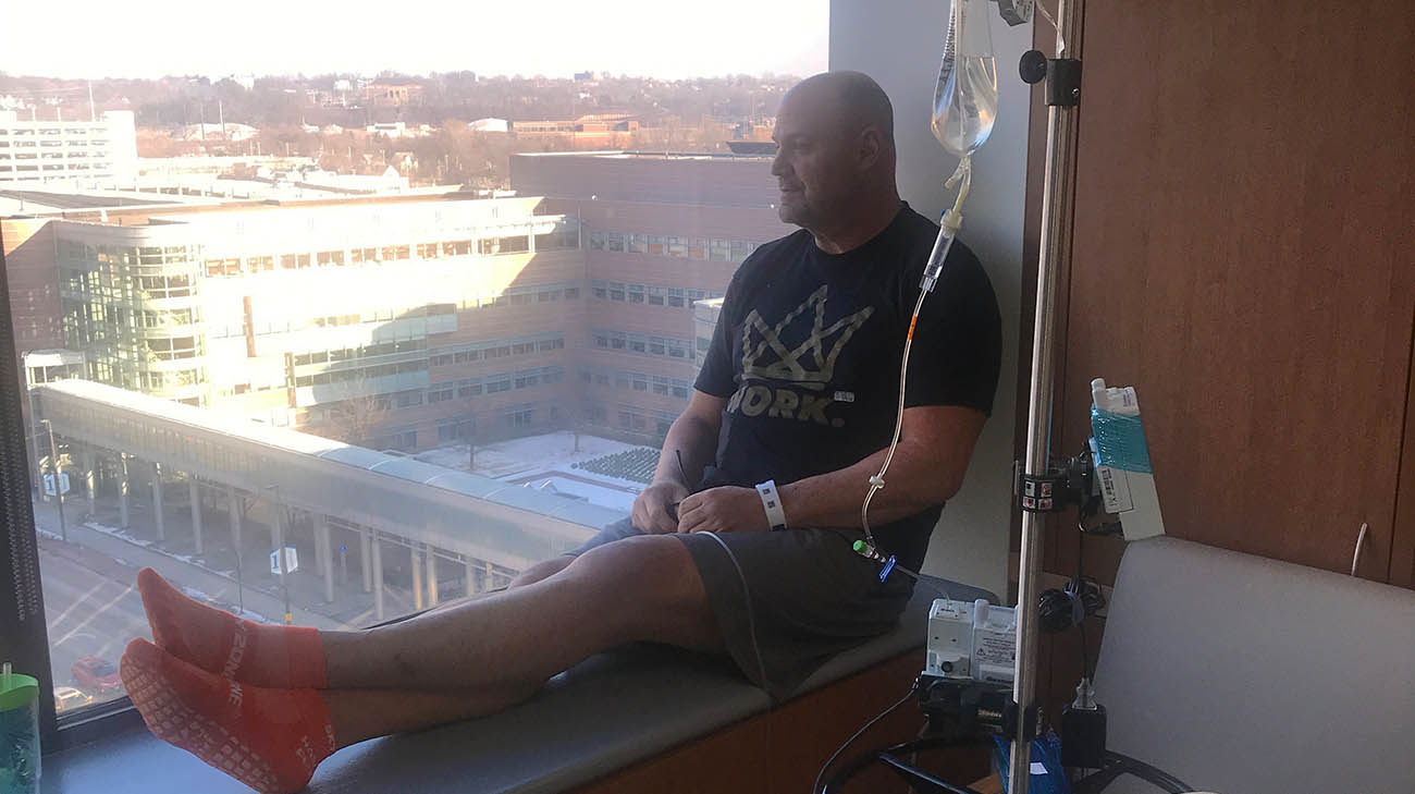 Jud Logan receiving chemotherapy treatment for leukemia at Cleveland Clinic Cancer Center. 
