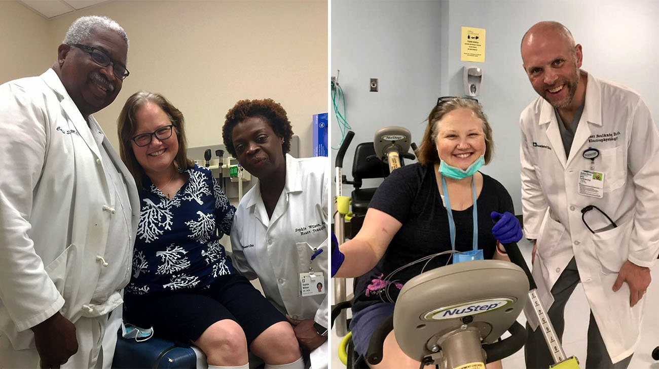 Paige with her heart transplant surgeon, Dr. Cedric Sheffield (left) and her Electrophysiologist, Dr. Brett Faulknier. (right) (Courtesy: Paige Jerome)