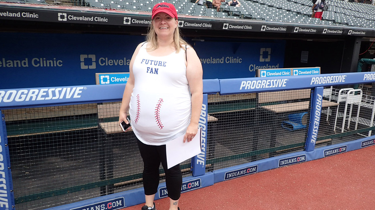 Robin Bacho at Progressive Stadium while pregnant with Eddie
