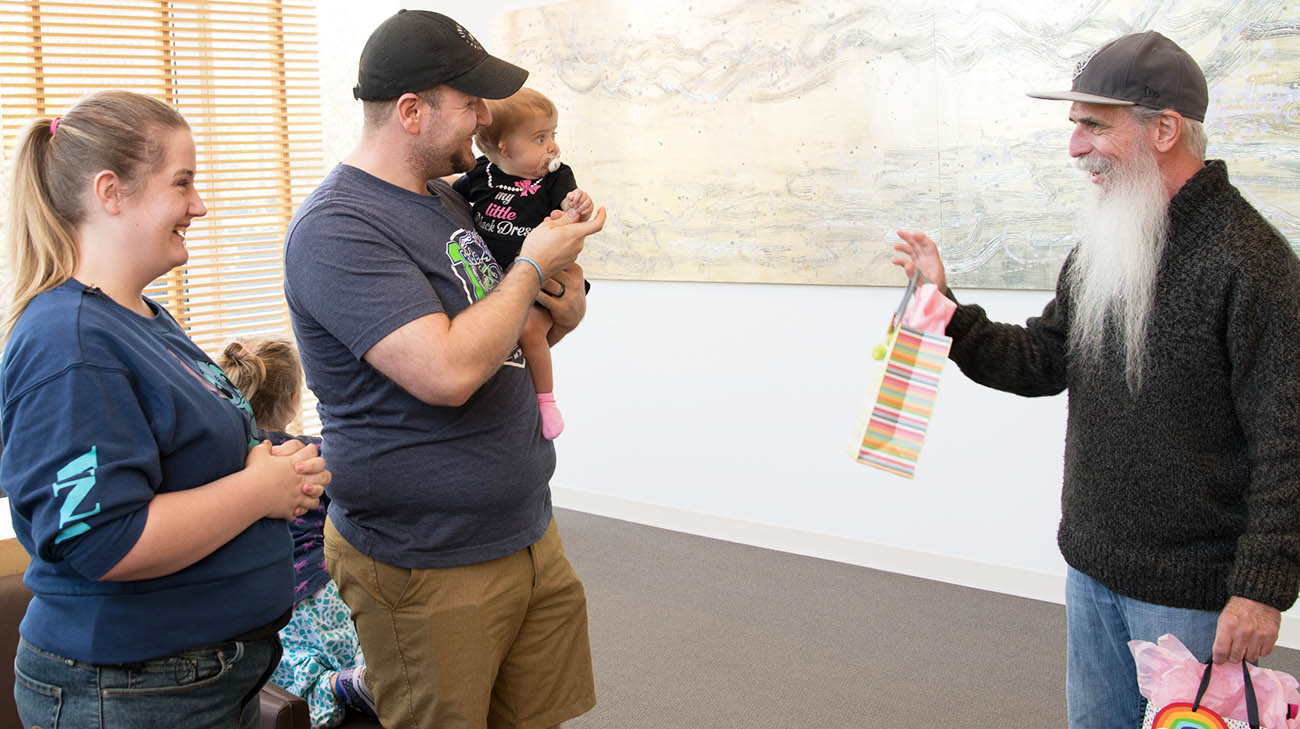 Joe Gilvary, two-time living organ donor, meets liver recipient and family for the first time. 