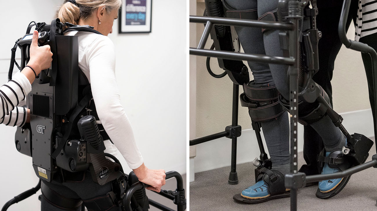 Guided by a physical therapist, the exoskeleton manipulates the patients legs and waist. (Courtesy: Cleveland Clinic)