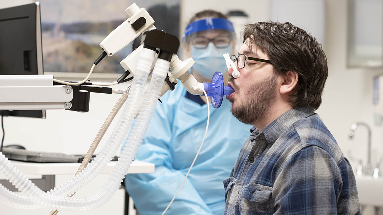 Double-lung transplant recipient and cystic fibrosis patient, Nick Hunter, undergoes a breathing test, during an appointment at Cleveland Clinic. 
