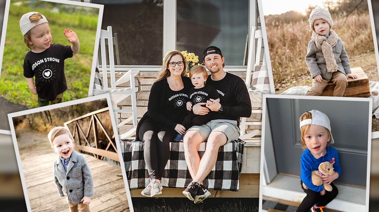 Collage of Hudson Board with his parents, Sarah and Adam Board.