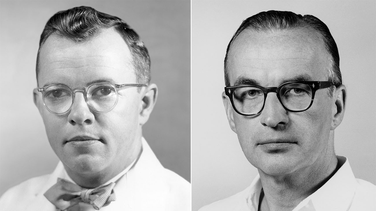  Dr. Mason Sones (left) and Dr. Donald Effler (right), pioneering cardiac doctors at Cleveland Clinic, treated Dorinda. (Courtesy: Cleveland Clinic)