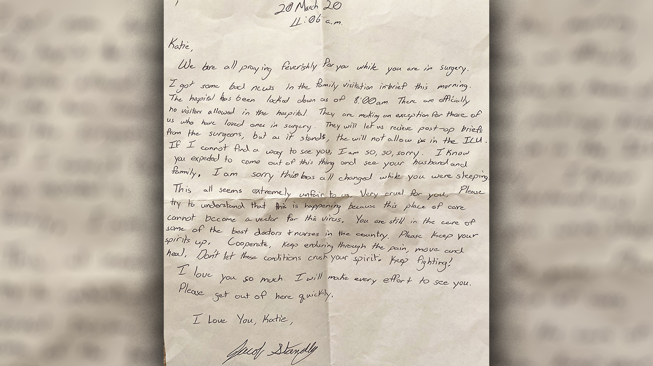 A letter Jake wrote to Katie since he wasn't able to be in the hospital after her heart surgery, because of COVID-19 safety protocols. 