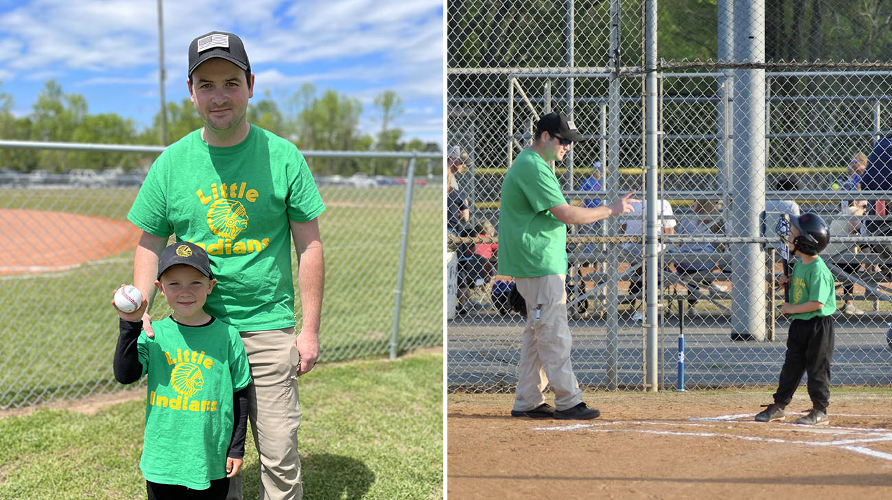 Caleb is getting back to his normal life, coaching his son's baseball team. (Courtesy: Madeline Brooks)
