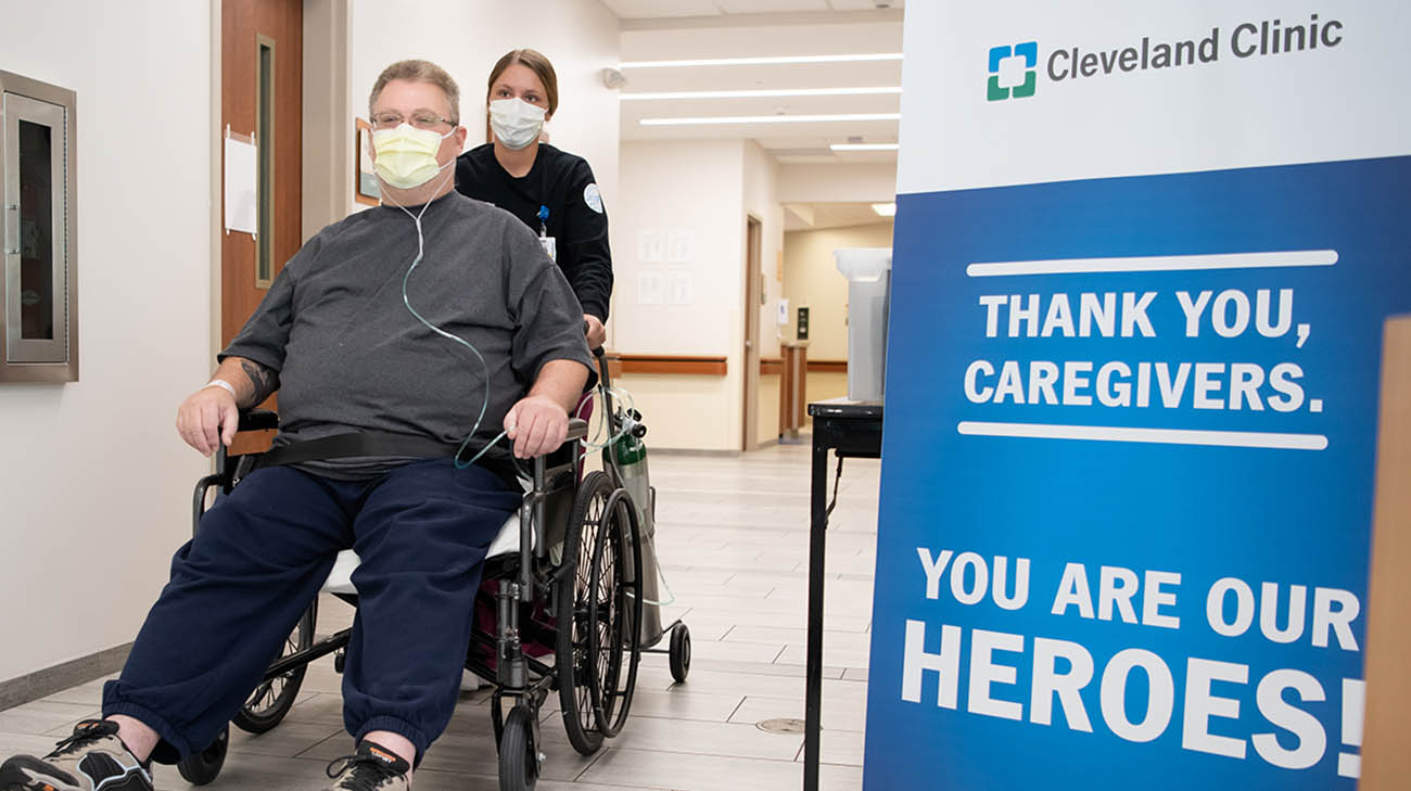 Bob Hughes being discharged from Cleveland Clinic Rehabilitation Hospital. Edwin Shaw, after undergoing rehab, after COVID-19. 