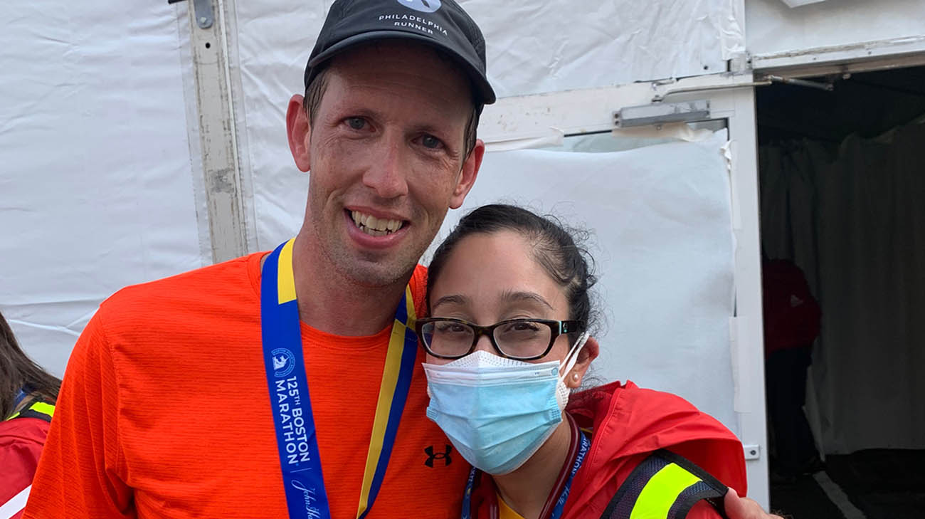 Brad and Cleveland Clinic Dr. Tamanna Singh at the Boston Marathon. 