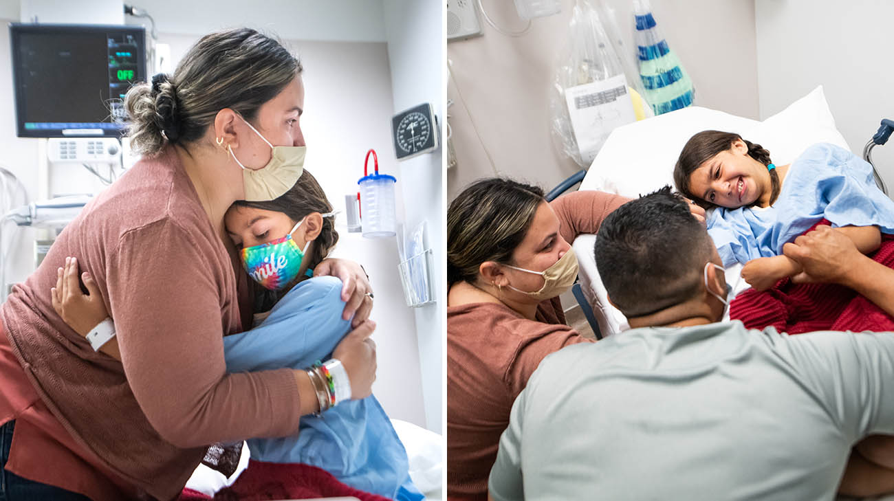 Nicole, her mother, Carolina, and father, Sergio, in preop the day of Nicole's facial reanimation surgery. 