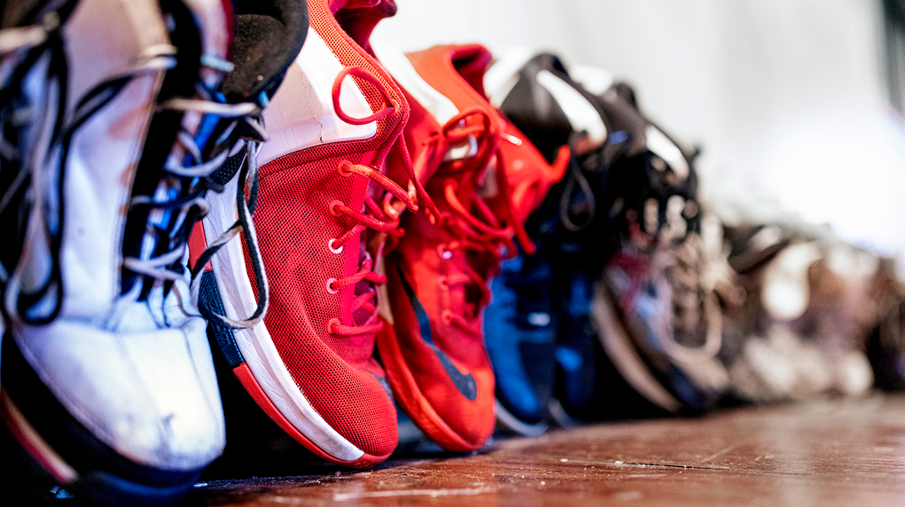 Roy Humphrey’s collection of more than 30 basketball shoes.