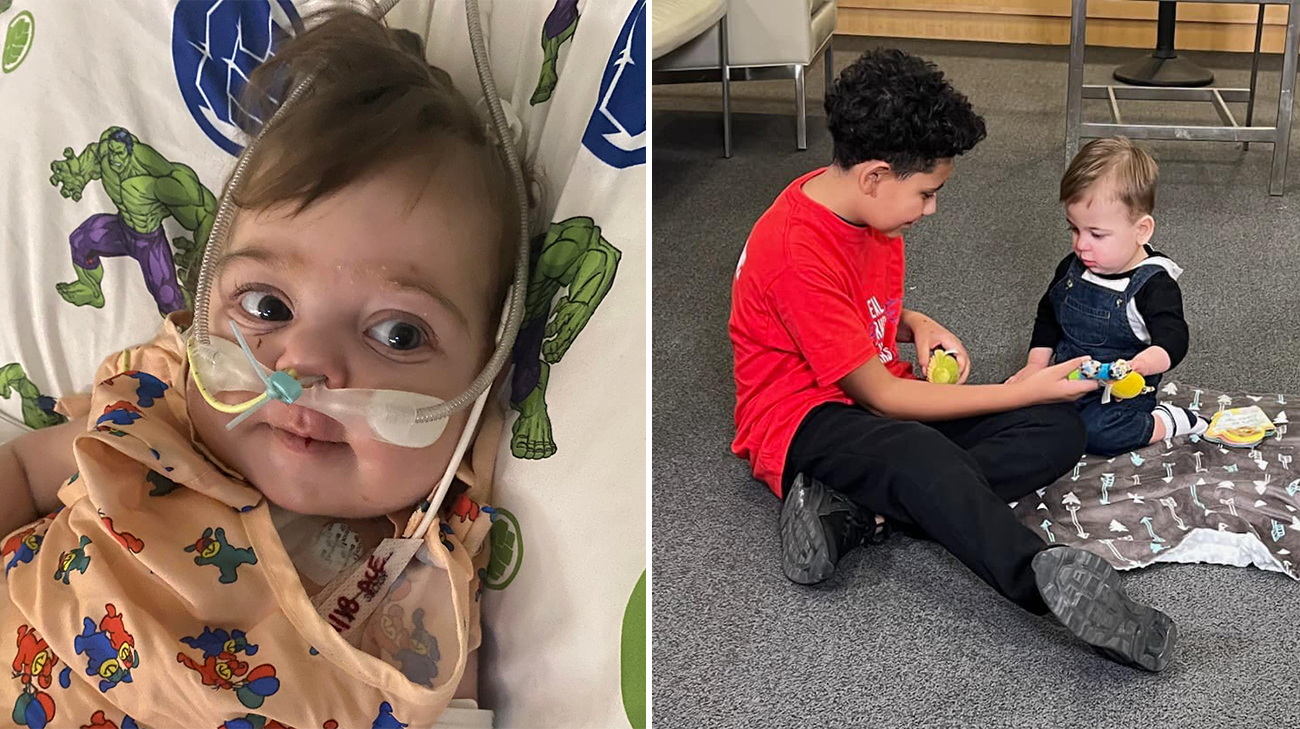 Left photo shows Mikey shortly after his heart transplant. Right photo shows Mikey and Evan, who both got heart transplants on the same day.
