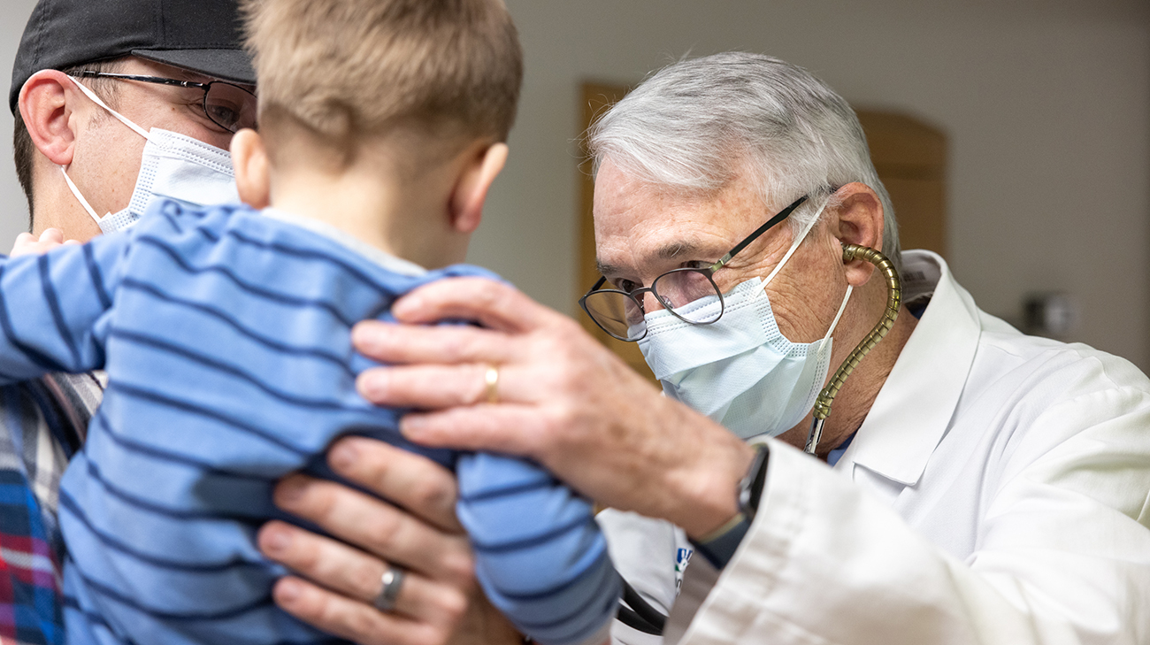 Mikey and Dr. Gerard Boyle at a follow-up appointment.