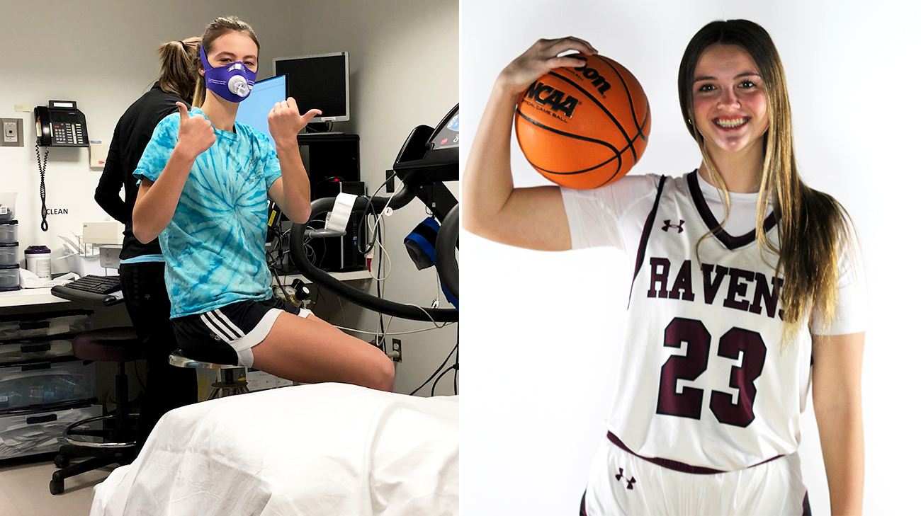 Abby on left doing a stress test. Abby on right in her college basketball uniform.