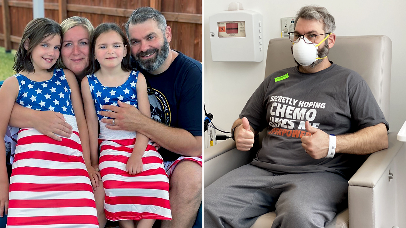Carmen with his wife and two daughters before his cancer treatment on the left. Carmen at his first day of chemotherapy on the right.