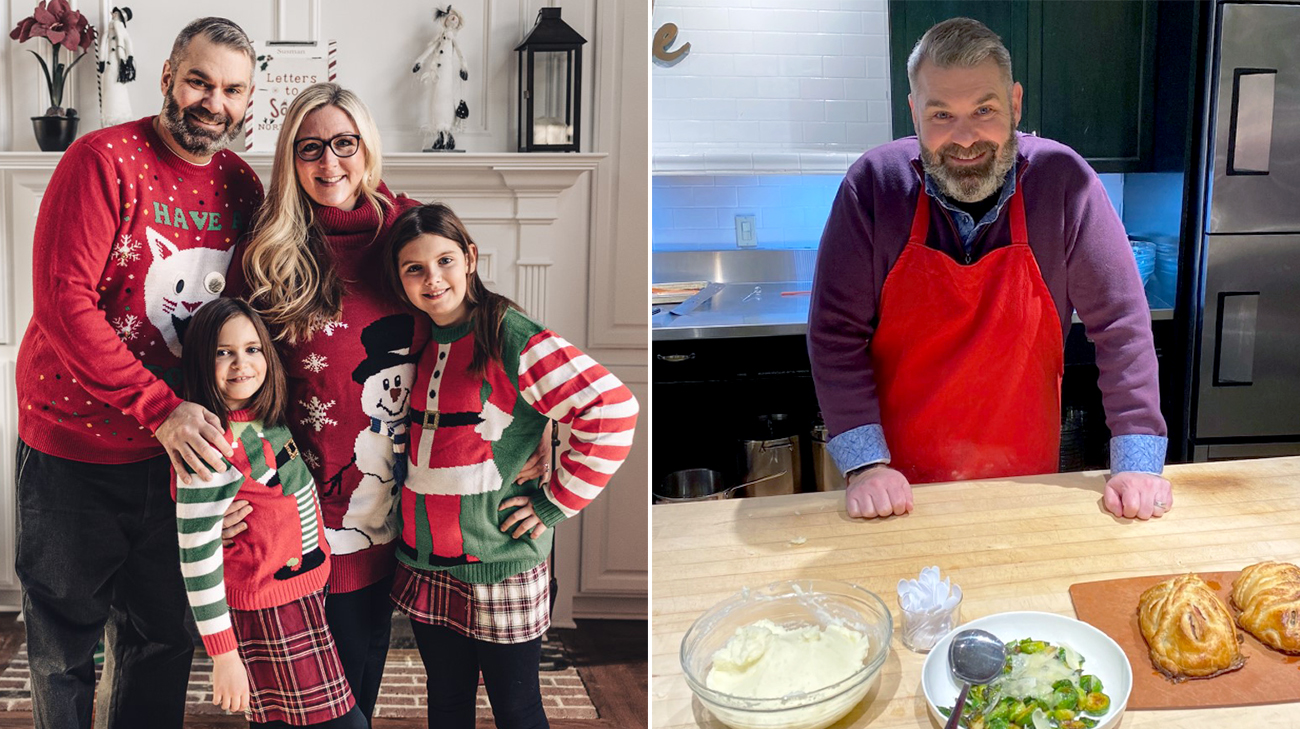 Carmen and his family enjoying his first Christmas post treatment of the left. Carmen at a cooking class post treatment on the right.