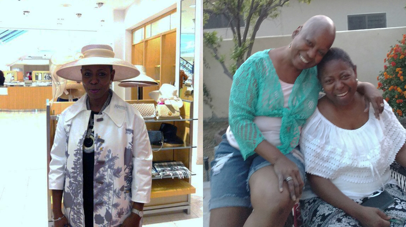 Debra Thompson pictured with big floppy hat (left) and enjoying time with family/friends (right).