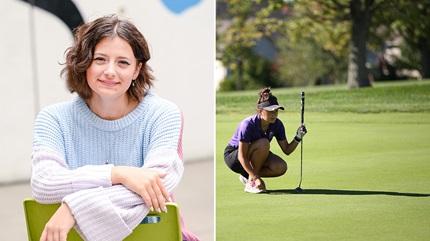 Criss Ann Valenti's senior picture (left) and concentrating on her golf game (right).