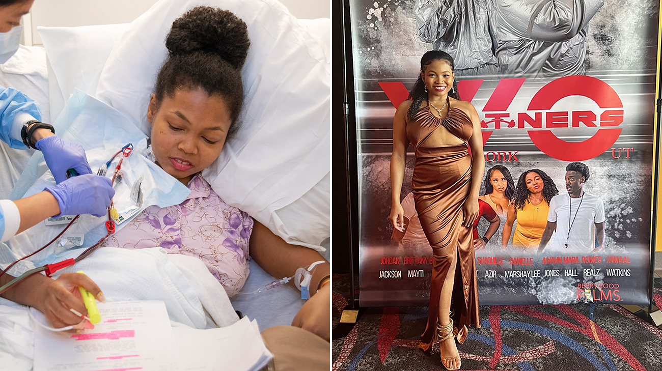Danielle in the hospital practicing her lines for a movie, and Danielle at a movie premiere.