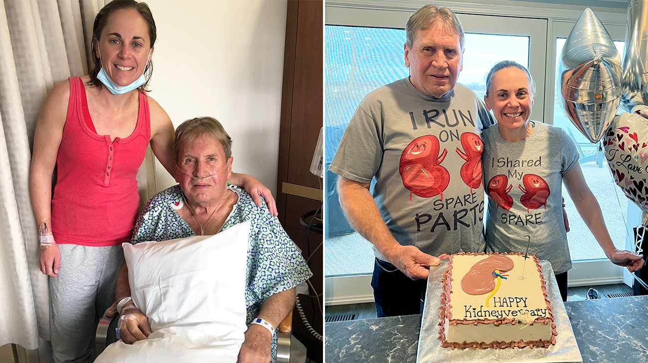 Dan and Angela in the hospital for the kidney transplant as well as Dan and Angela after the transplant celebrating.