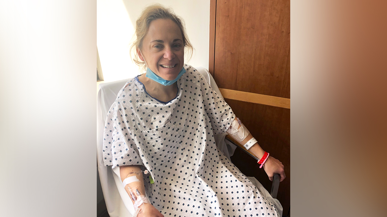 Angela recovering in the hospital after the kidney transplant.