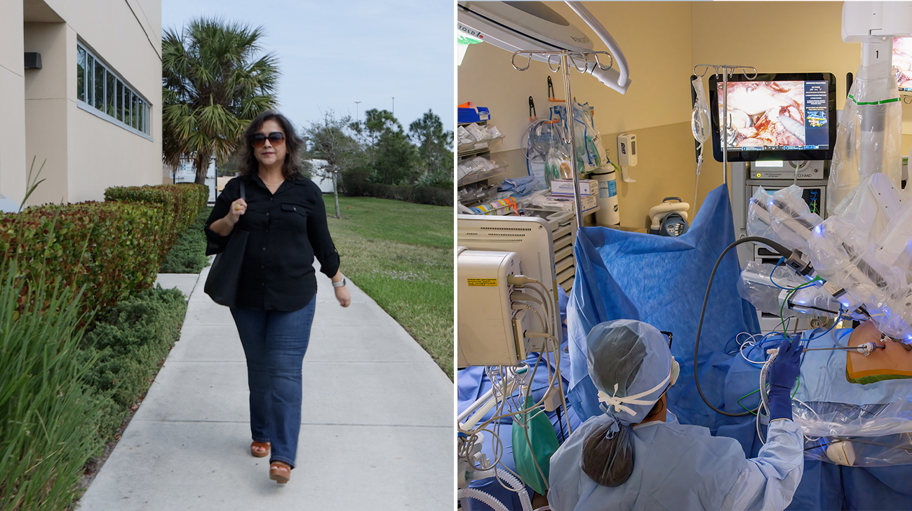 Maria Dupree, a Care Navigator for Cleveland Clinic Florida (left) and surgeons using robots to help with surgery.