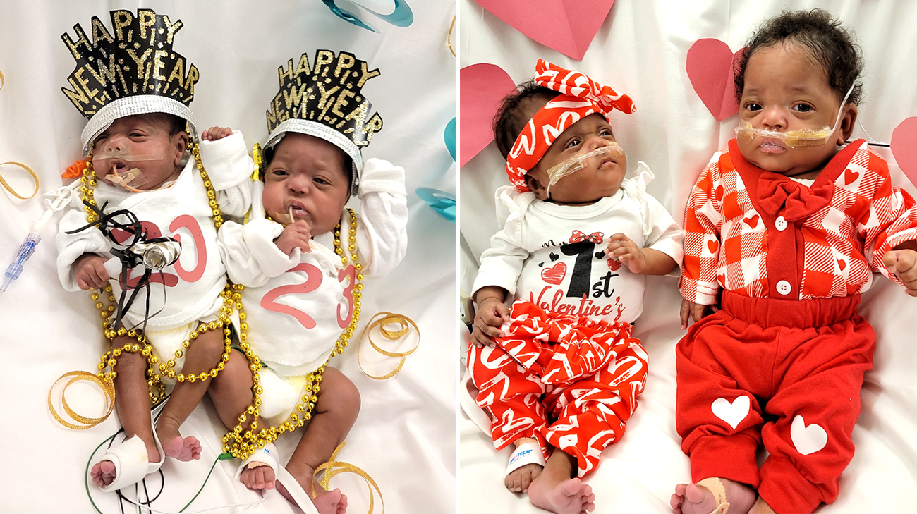 The twins dressed up for New Year's and Valentine's Day.