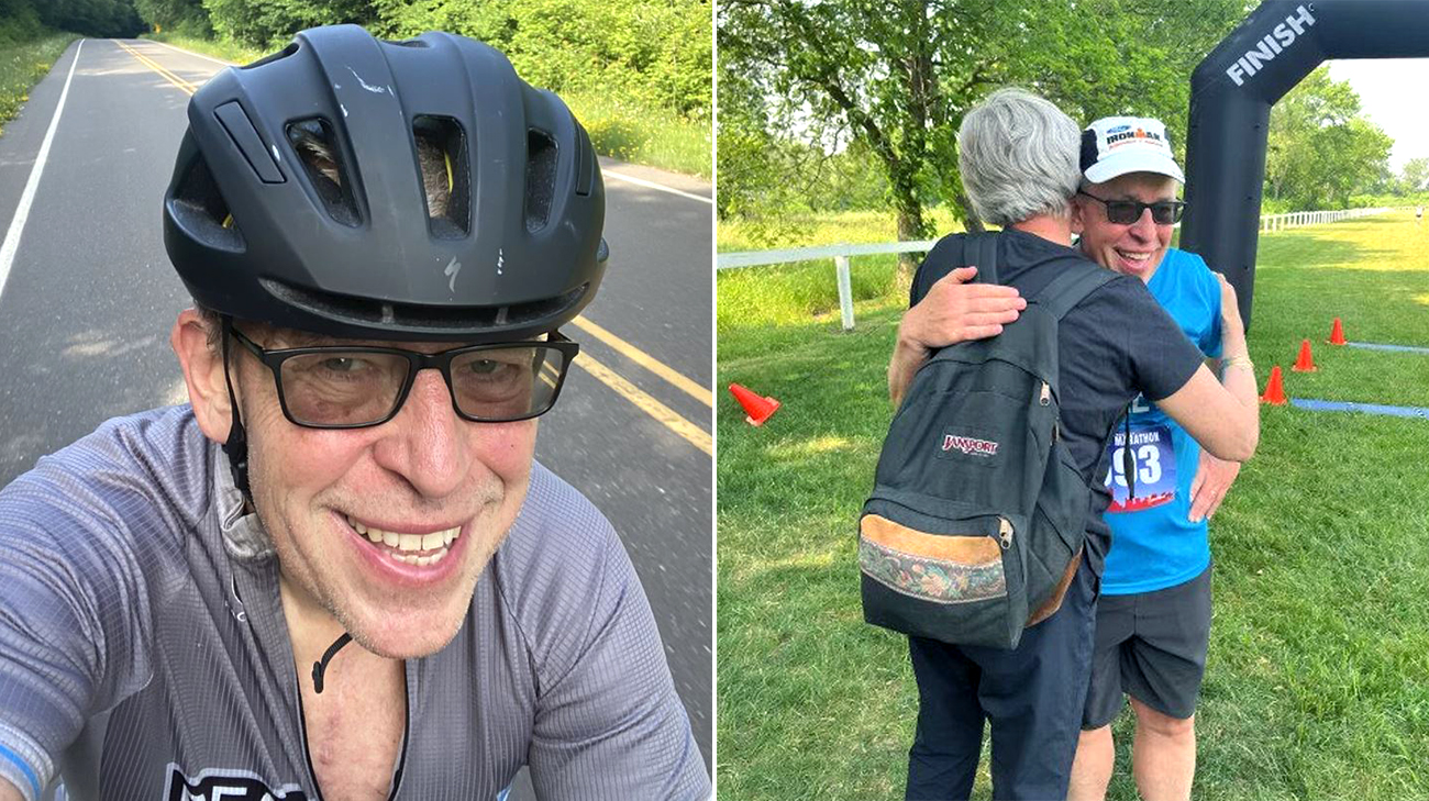 Jack training for a marathon, and Jack at the finish line after completing a half marathon.