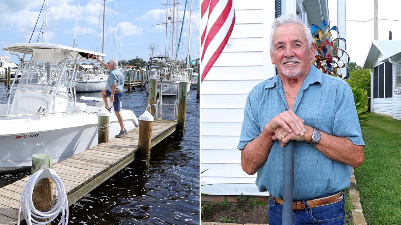 Left: Ken Firestone getting on his boat. Right: Ken post-surgery