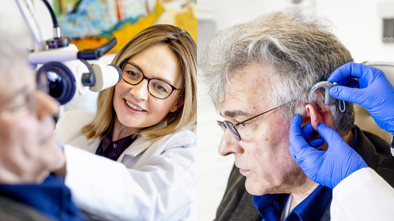 Dr. Aaron examines Tim Morrison's cochlear implant during a follow-up appointment in February 2024.