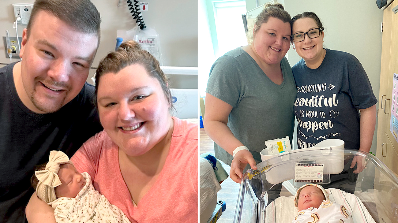 Natalie and her husband with their baby, and Natalie and her friend who carried the baby.