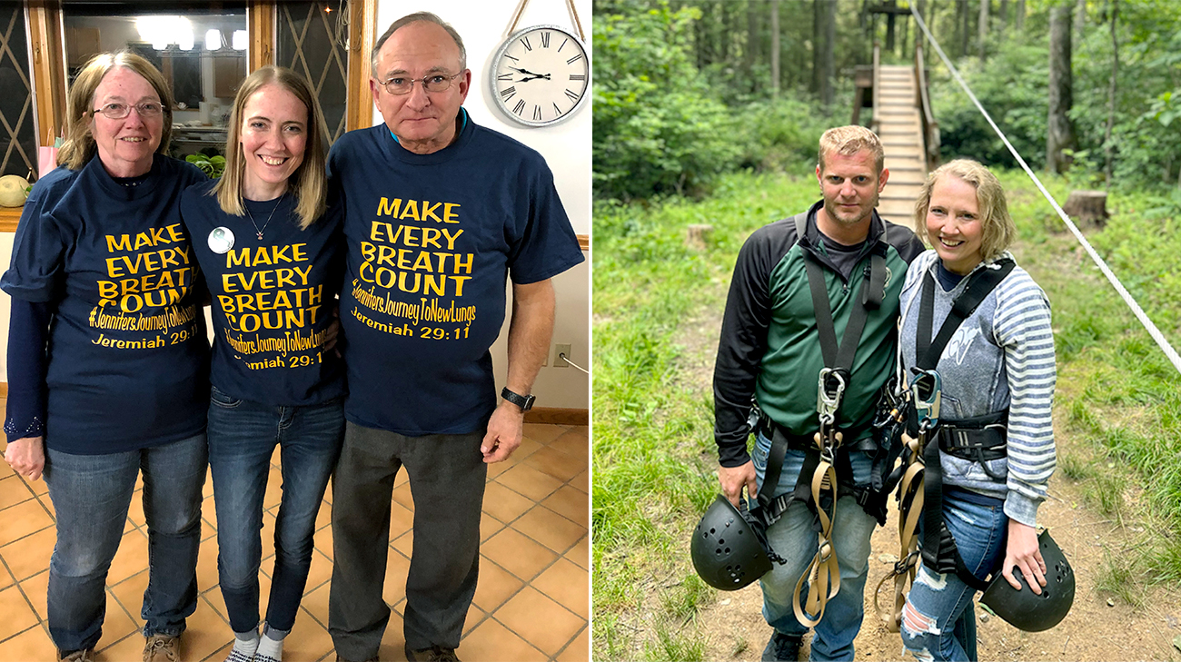 Jennifer with her parents after she underwent a double-lung transplant as well as Jennifer with her fiancé while ziplining. 