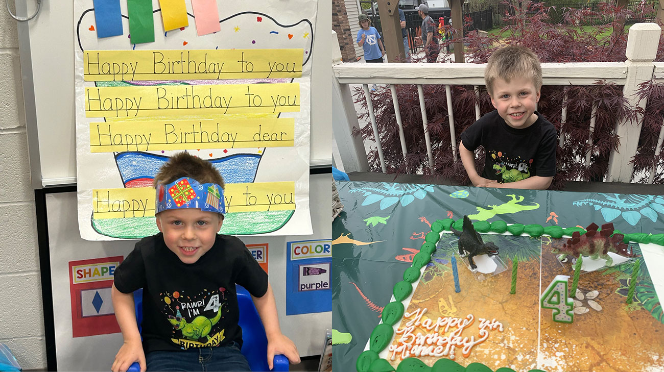 Michael Rucci celebrating his birthday at preschool (left) and playing in the living room at home (right).