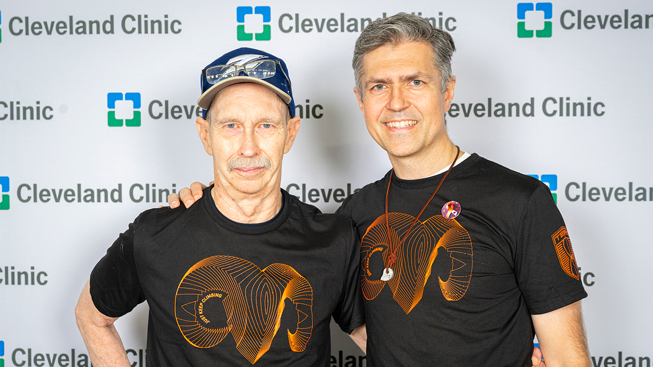 Eric Bray and Dr. Christopher Weight at the first Climb Cleveland for Kidney Cancer event on Aug. 17, 2024, at Wolstein Center. The event raises funds for kidney cancer research at Cleveland Clinic.