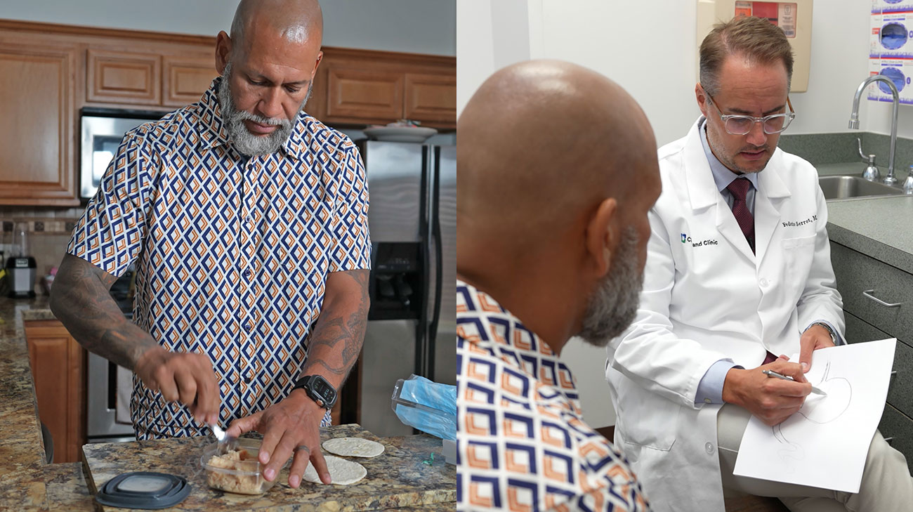 Patient, Edwin Oquendo, making a sandwich (right) with Dr. Federico Serrot reviewing paperwork (left).