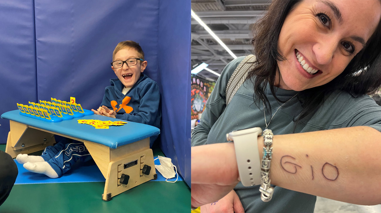 Gio in therapy playing a game (left) Gio's mom Michelle with her Gio tattoo (right)