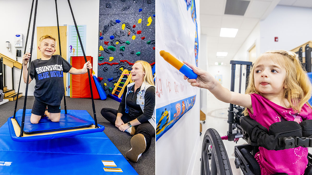 Aaron (left) using a vestibular swing and Stephanie (right) learning to write on a whiteboard.