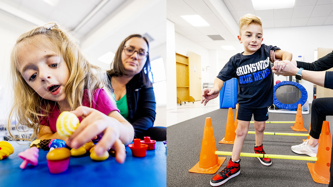 Stephanie (left) playing with toys on a mat and Aaron (right) participating in an obstacle course.