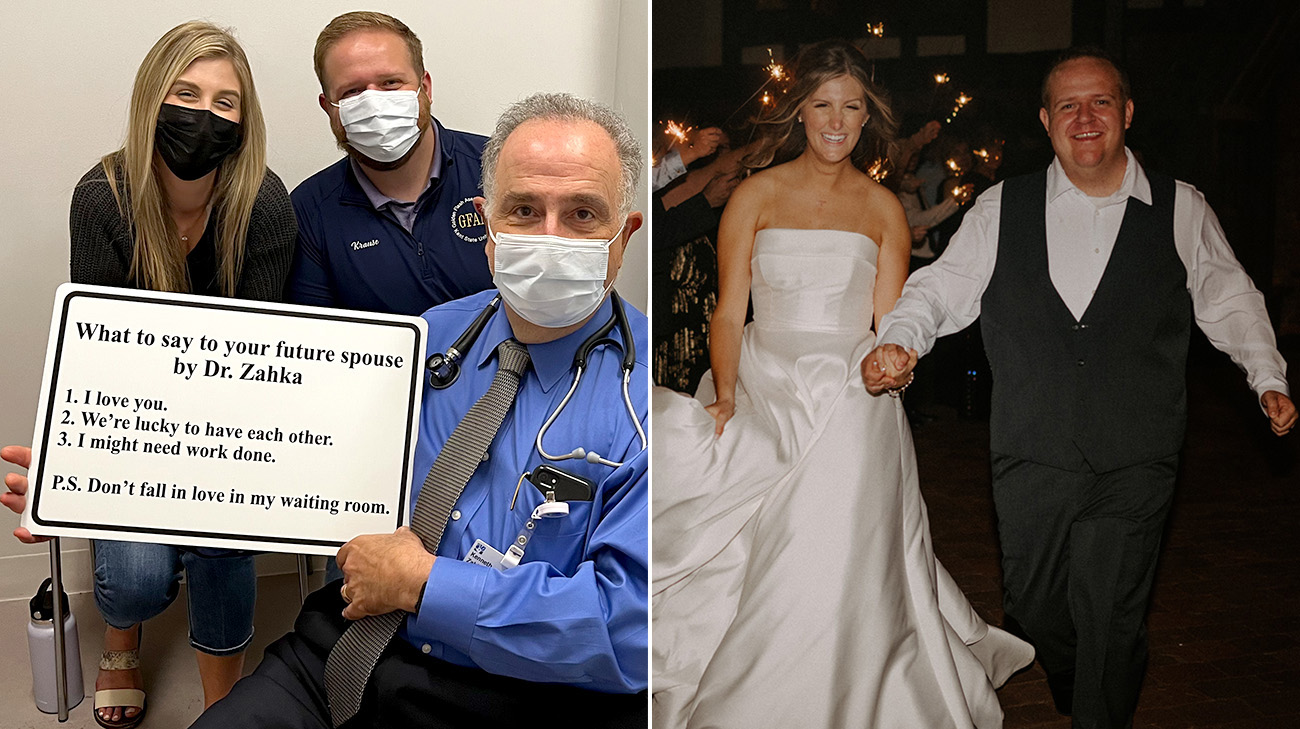 Molly and her husband with cardiologist as well as Molly and husband at their wedding. 